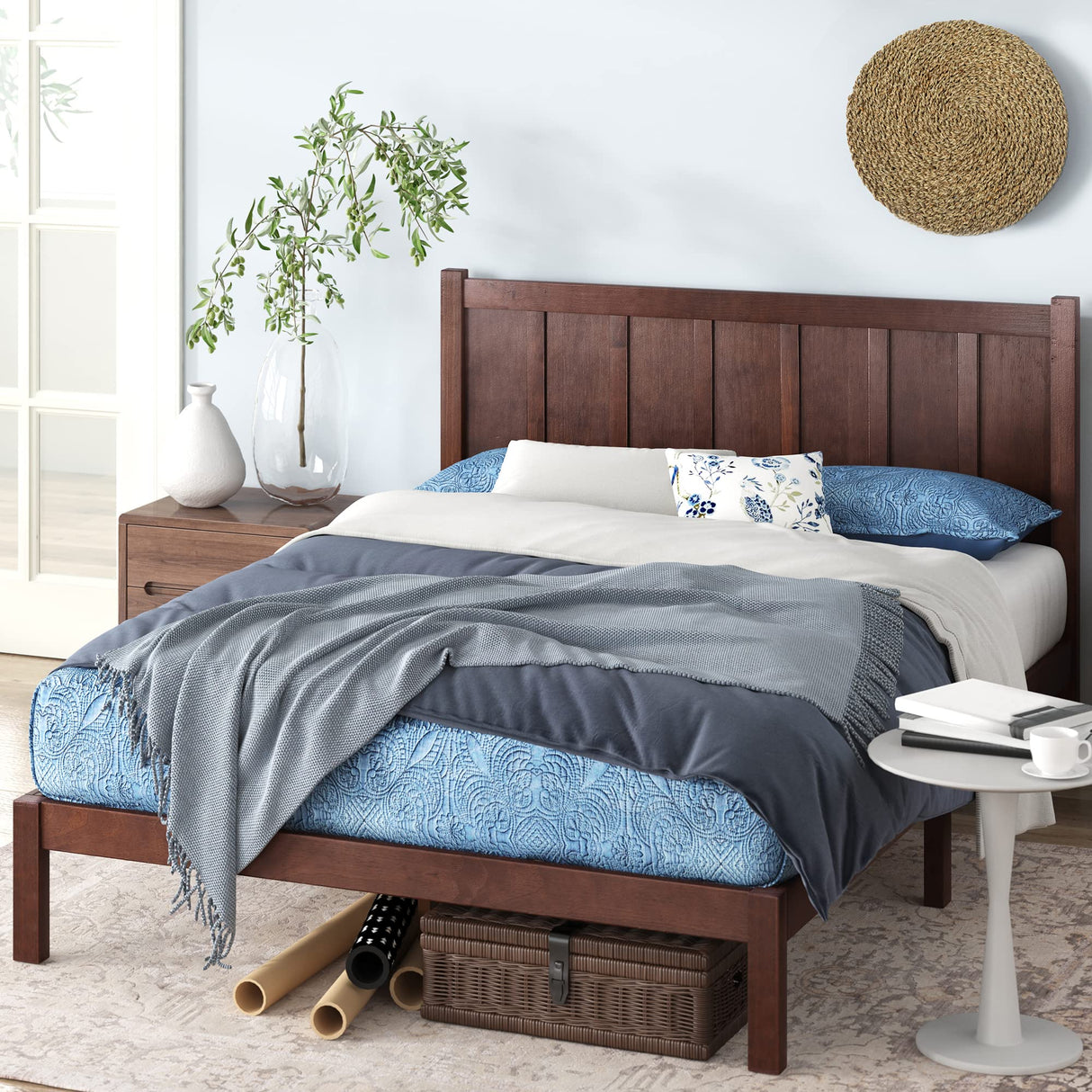 Adrian Wood Rustic Style Platform Bed with Headboard, No Box Spring Needed, Wood Slat