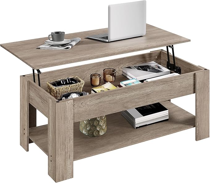 Lift Top Coffee Table w/Hidden Storage Compartment and Storage Shelf - Lift Tabletop