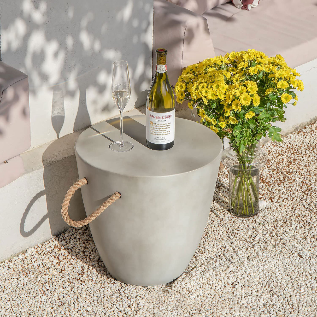 COSIEST Outdoor Shaped Side Table with Concrete Top & Hemp Rope Handles, 17'' Patio Accent Table for Garden - Bircata