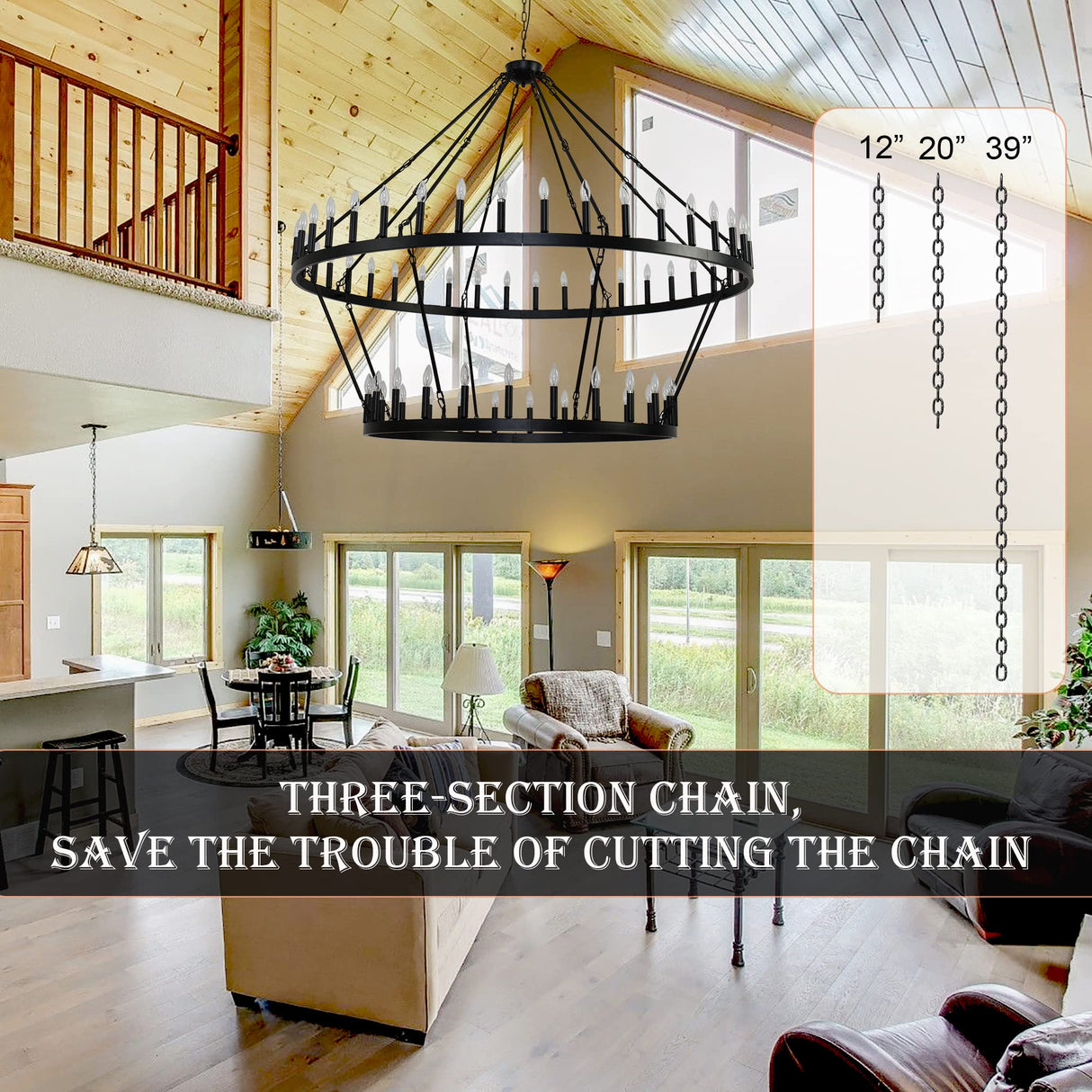 70 Inch Extra Large Wagon Wheel Chandelier 2 Tier 64-Lights Black Farmhouse Pendant