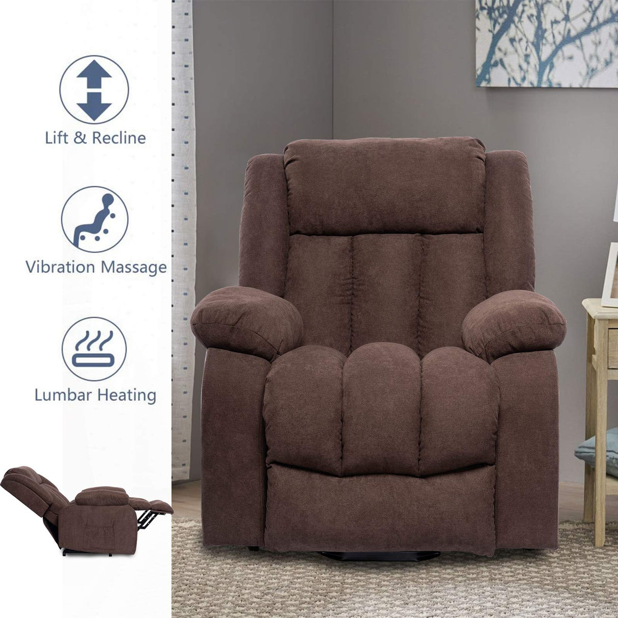 Power Lift Massage Recliner Chair for Elderly Heated fabric Recliner Ergonomic Lounge