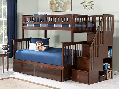 Columbia Twin over Twin Size Staircase Bunk Bed with Bed Drawers & Charging Station in Walnut