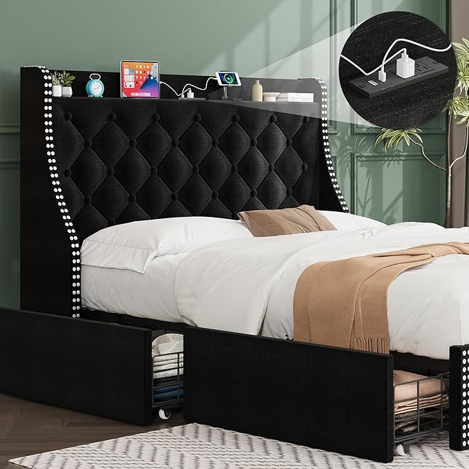 Full Size Bed Frame with 4 Storage Drawers and Wingback Storage Headboard