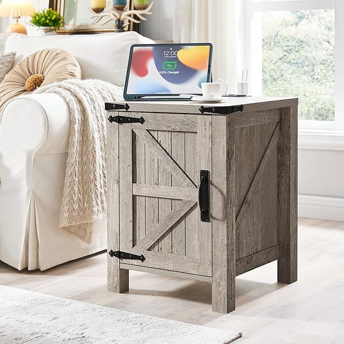 Nightstand with Charging Station, 18 Inch Farmhouse End Table