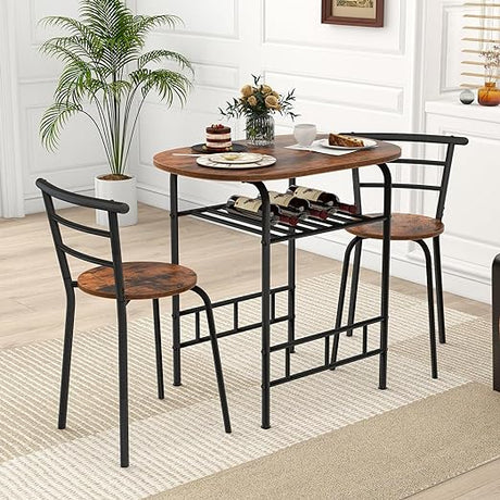 3-Piece Dining Table Set, Kitchen Table and 2 Chairs with Wine Rack, Metal Frame