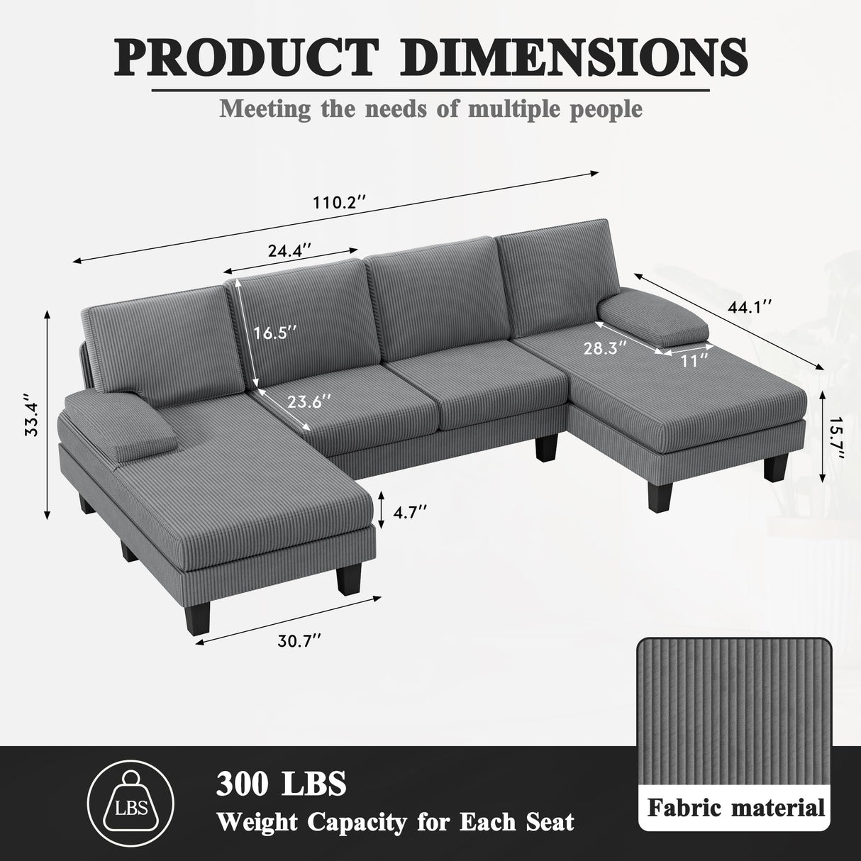 YESHOMY Sofa 110” Corduroy Sectional Comfy Couches for Living Room, Modern Deep Removable Back and Seat Cushions, 4 Seater Fluffy Sleeper with Soft Armrest, Gray