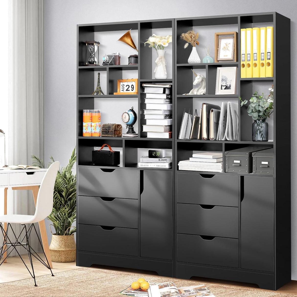 Stylish Black Bookshelf, 71" Tall Bookshelf with Doors and 3 Drawers, Wood Bookshelf