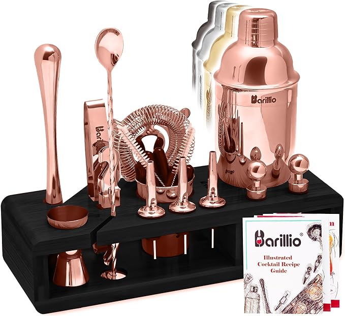 Silver Bartender Kit - Stainless-Steel Cocktail Shaker Set w/Black Bamboo Stand