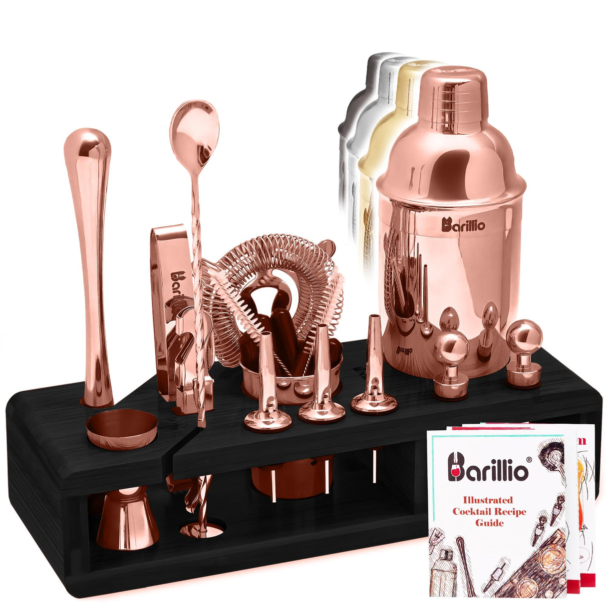 Gold Bartender Kit - Stainless-Steel Cocktail Shaker Set w/Black Bamboo Stand