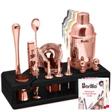 Gold Bartender Kit - Stainless-Steel Cocktail Shaker Set w/Black Bamboo Stand