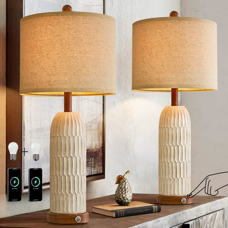 3-Way Dimmable Touch Control Table Lamp Set of 2 with Dual USB Charging Ports