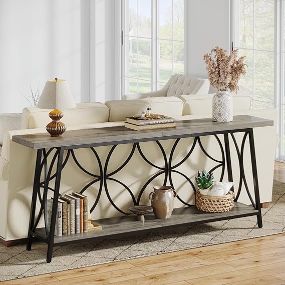 70.9-Inch Rustic Brown Console Table with Storage - 2-Tier Sofa Table