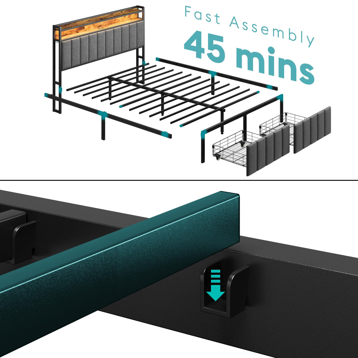 Full Bed Frame with Storage, Upholstered Bed Frame with LED Lights Headboard and 2 Drawers, Full Size Bed Frame with Charging Station, Noise-Free, No Box Spring Needed, Easy Assembly, Grey