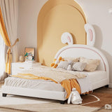 Full Size Upholstered Leather Platform Bed with Bunny Ears Headboard