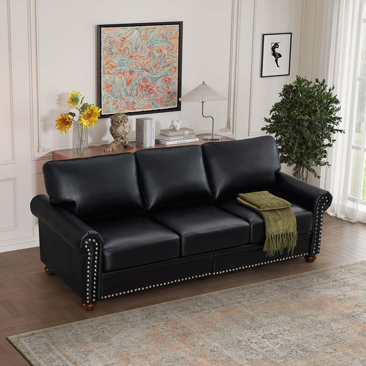 Faux Leather Sofa Couch,82" Mid Century Modern Couch with Storage Place,Oversized 3 Seater Sofa with Nailhead Trim&Rolled Arm,Deep Seat Comfy Couch for Living Room,Apartment,Office(Black)