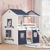 House Full Loft Bunk Bed with Tent, Kids Loft Bed with Ladders,Guardrail