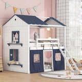 House Full Loft Bunk Bed with Tent, Kids Loft Bed with Ladders,Guardrail