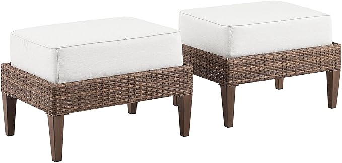 Capella 2-Piece Wicker Outdoor Ottoman Foot Rest for Patio, Deck, Porch, Creme