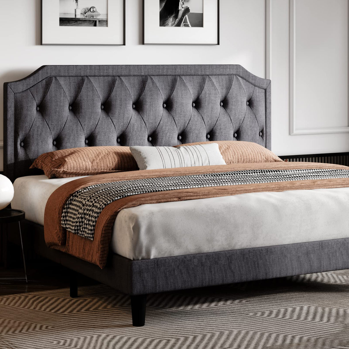 King Size Upholstered Platform Bed with Curved Rhombic Button Tufted Headboard