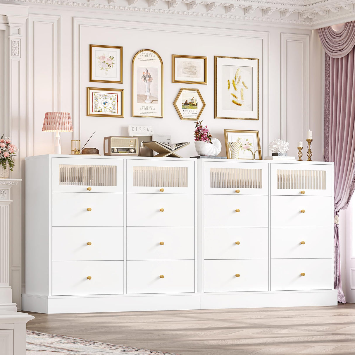 White Dresser, 8 Drawer Dresser with 2 Glass Doors, White and Gold Dresser Chest