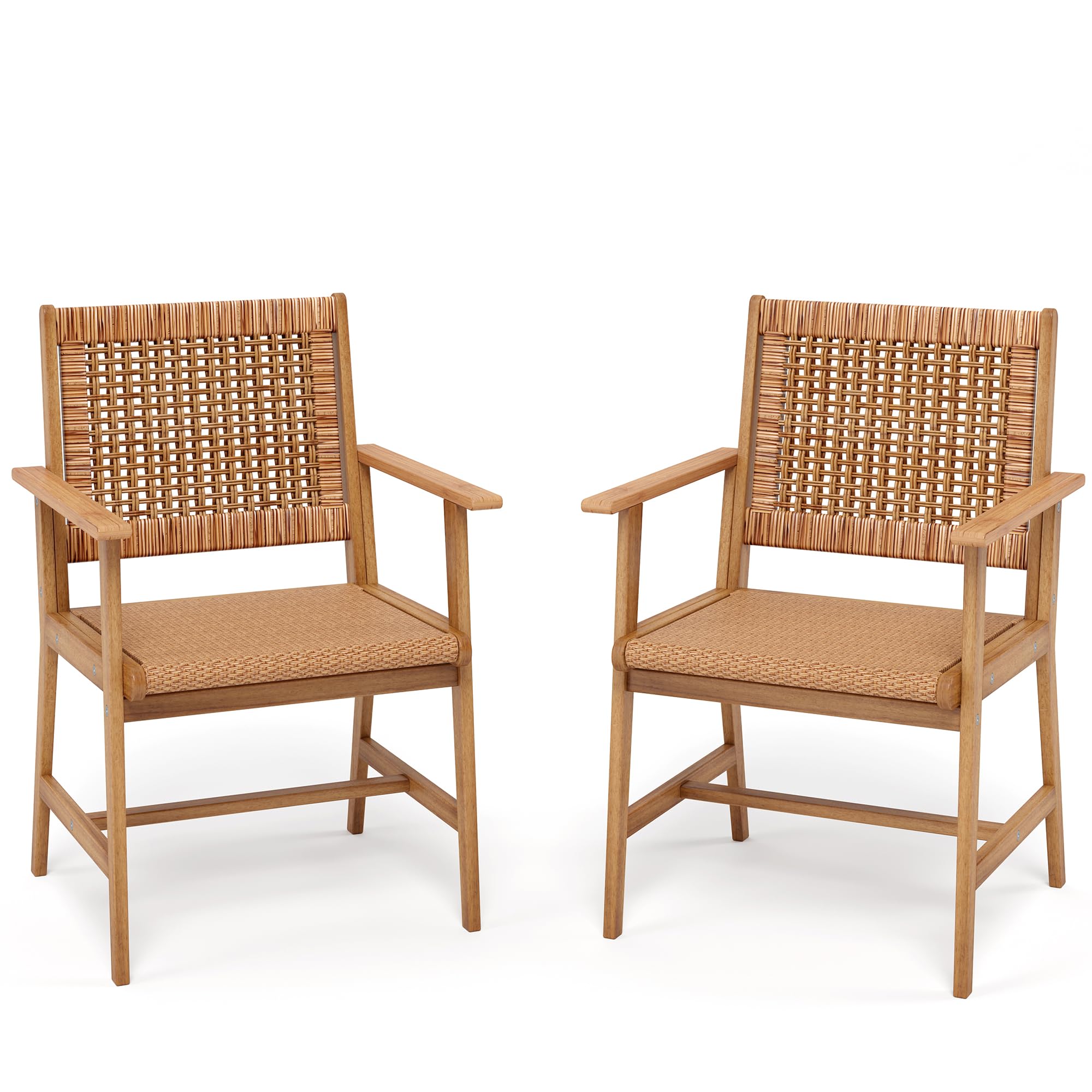 Outdoor Acacia Wood Dining Chairs Set of 2, Armchairs with Strong Wicker Back & Seat