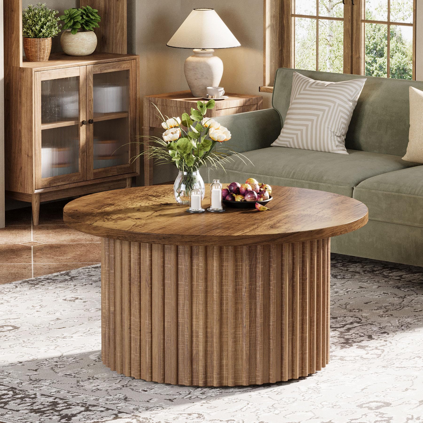 31.5" Round Coffee Table, Farmhouse Circle Coffee Table with Metal Base
