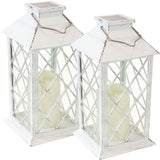 Sunnydaze Concord 11-Inch Solar LED Decorative Candle Lantern - Tabletop/Hanging Light - Set of 2 - White