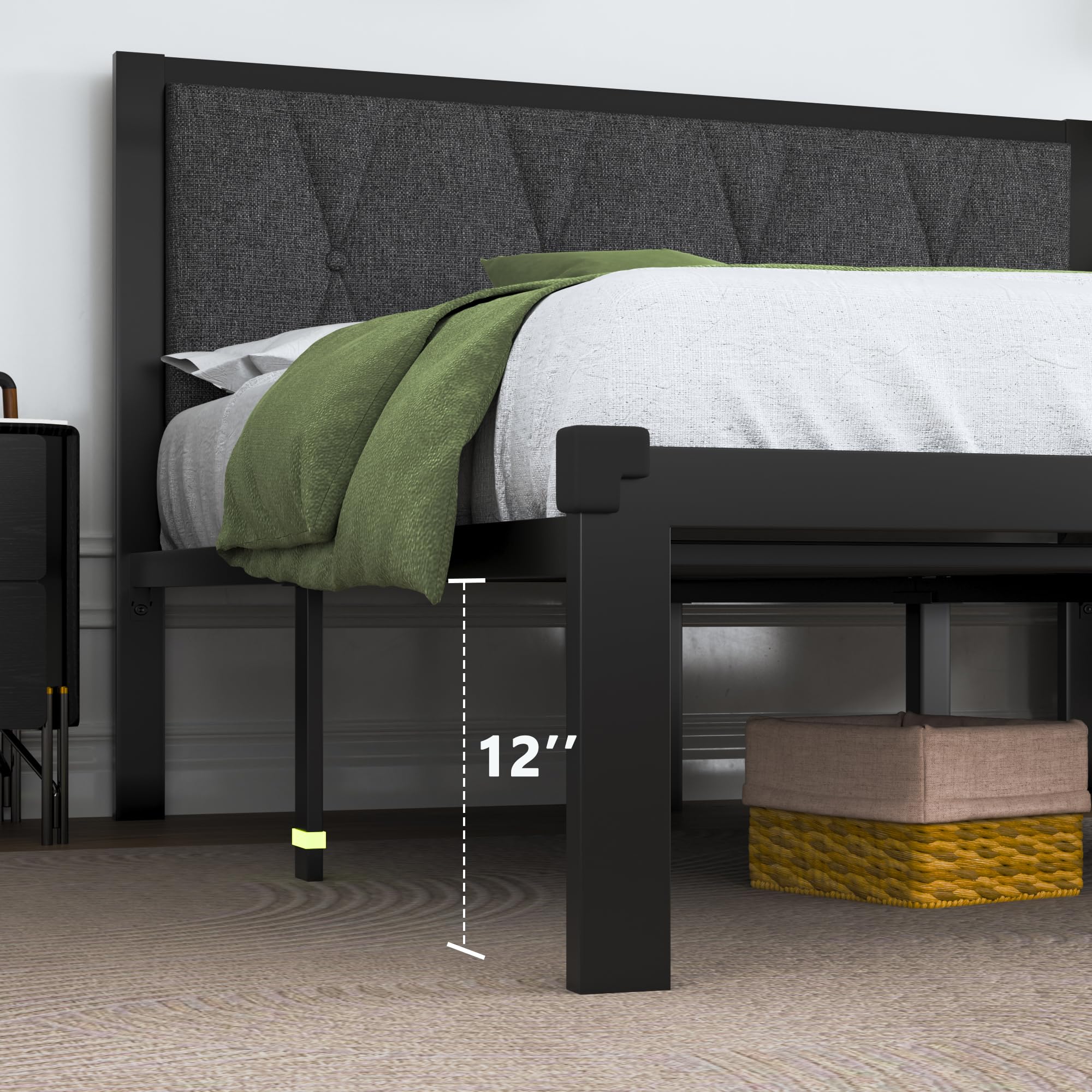 Queen Size Metal Bed Frame with Fabric Button Tufted Headboard, Platform Bed Frame