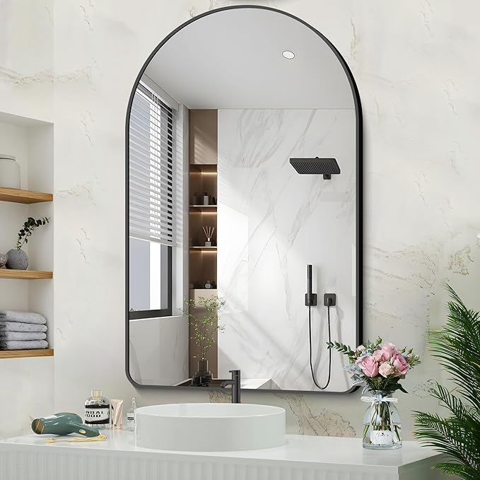 Bathroom Mirror, 30"x48" Black Arched Mirror for Bathroom, Wall Mounted Mirror, Black Vanity Wall Mirror w/Metal Frame for Bedroom, Entryway, Living Room, Vertically Hanging