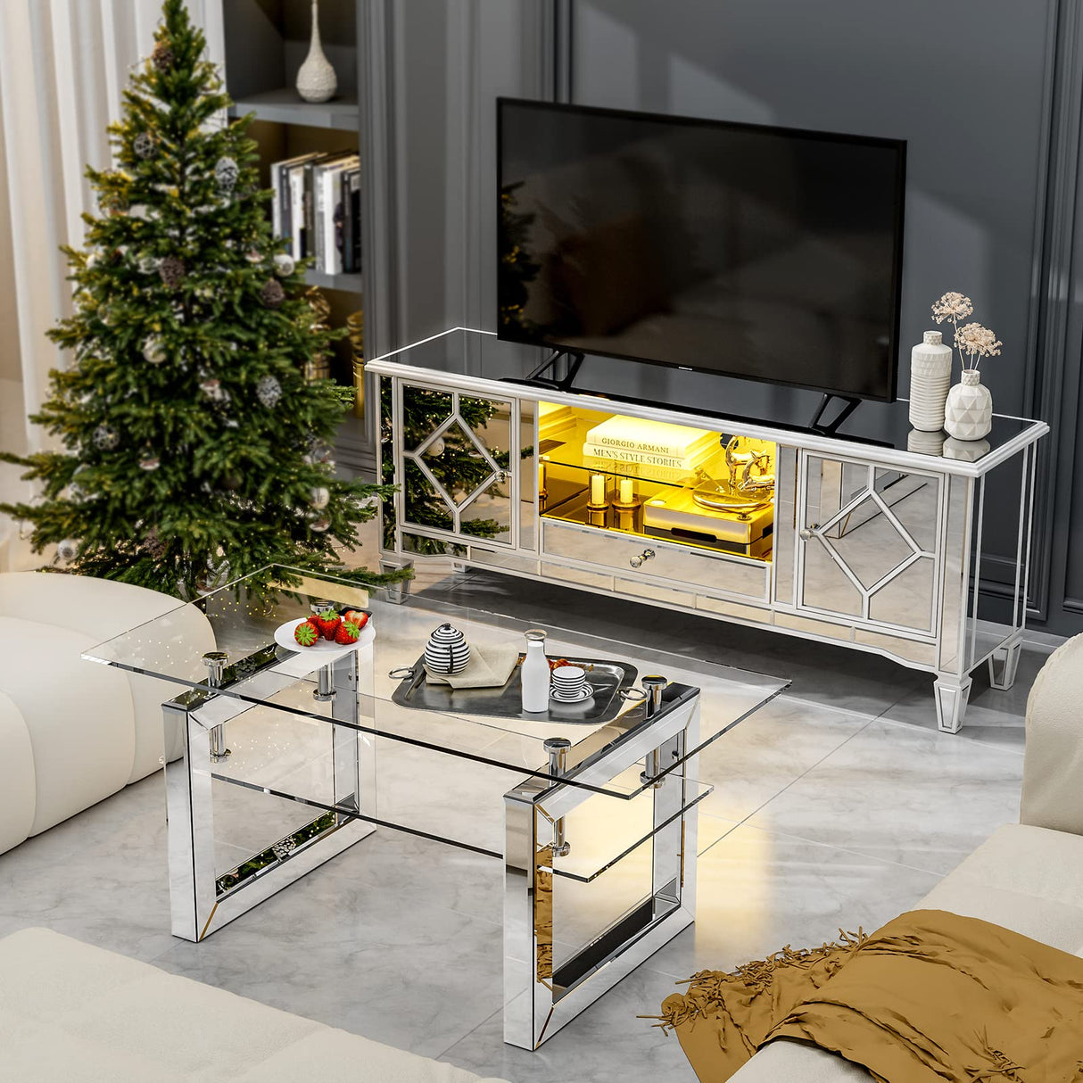 Mirrored LED TV Stand for 65+ inch TV, Silver Entertainment Center with LED Lights