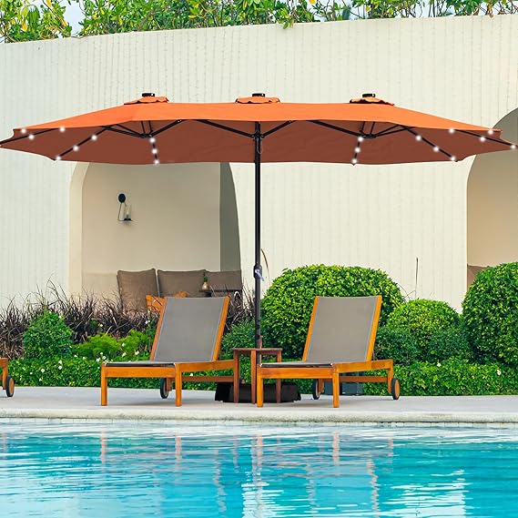 15ft Double Sided Patio Umbrella with Solar Lights (Base Included)