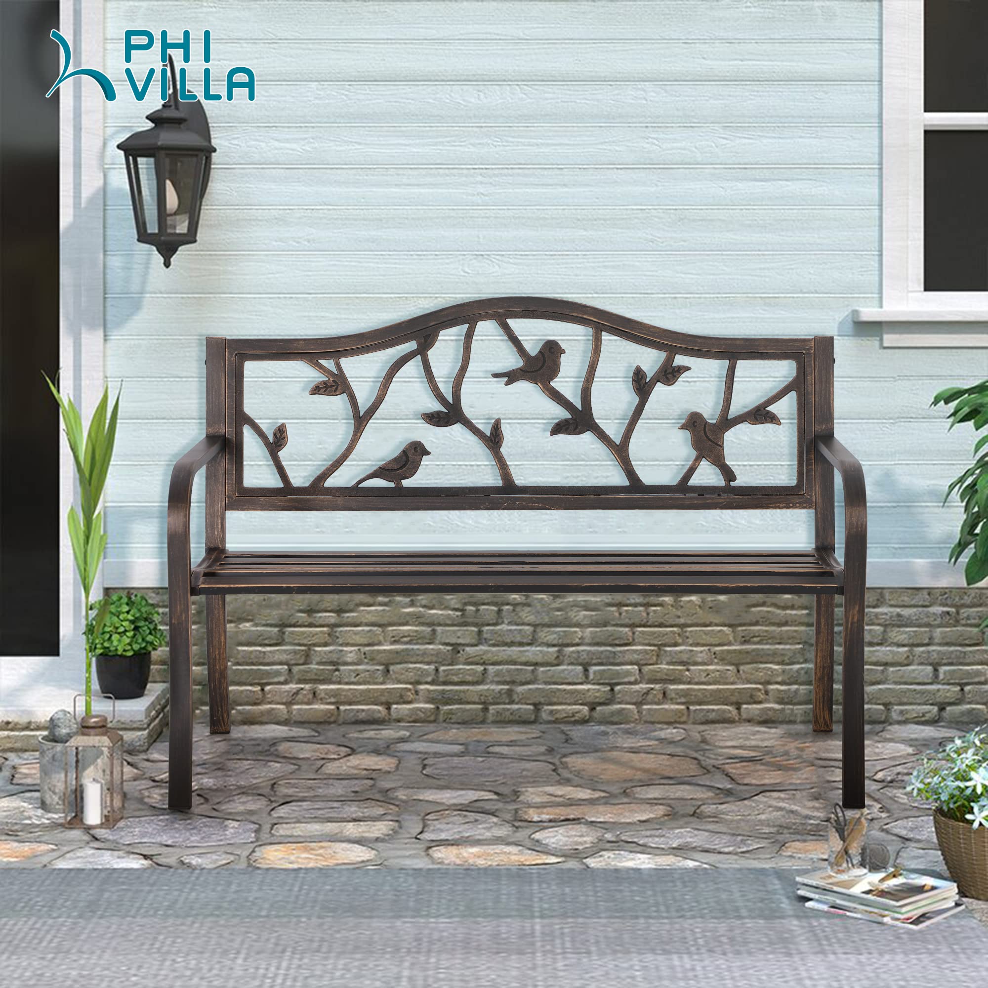 Outdoor Garden Park Bench Patio 50" Metal Bench, Steel Frame Bench