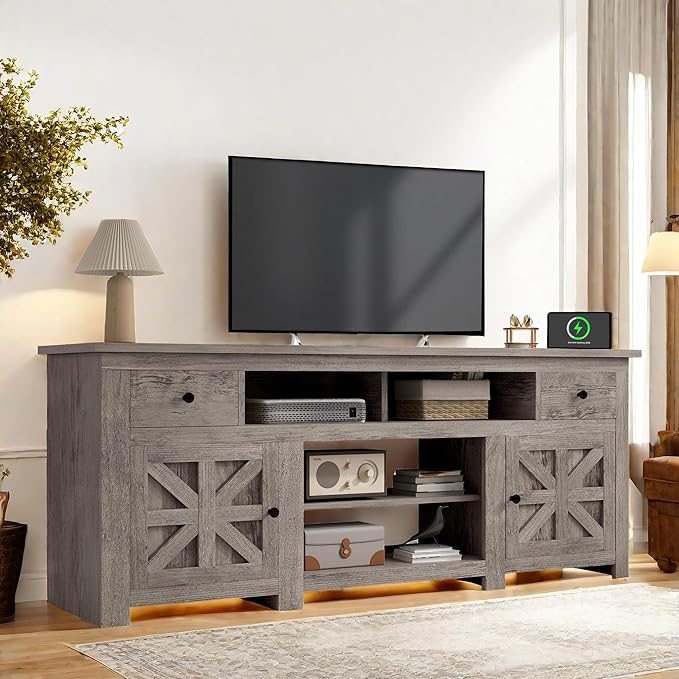 Farmhouse TV Stand 70 Inches, Entertainment Center with Power Outlet