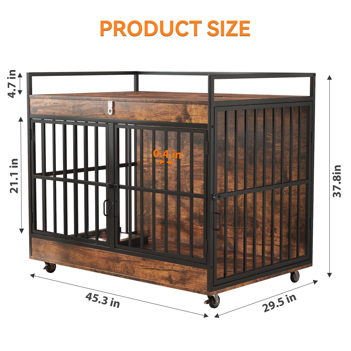 45" Heavy Duty Dog Crate Furniture with Stainless Steel Bowls