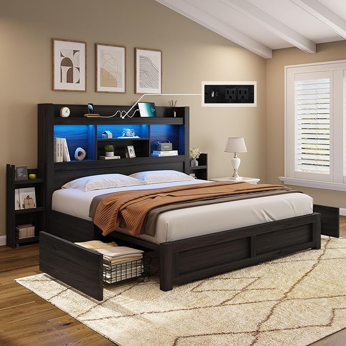 Queen Bed Frame with 4 Storage Drawer, LED Bed Frame with 49.6" Tall Bookcase