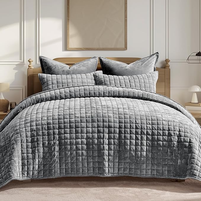Luxury Velvet Quilt King Size, Ultra Soft Velvet Bedding Sets, Lightweight Quilted Velvet