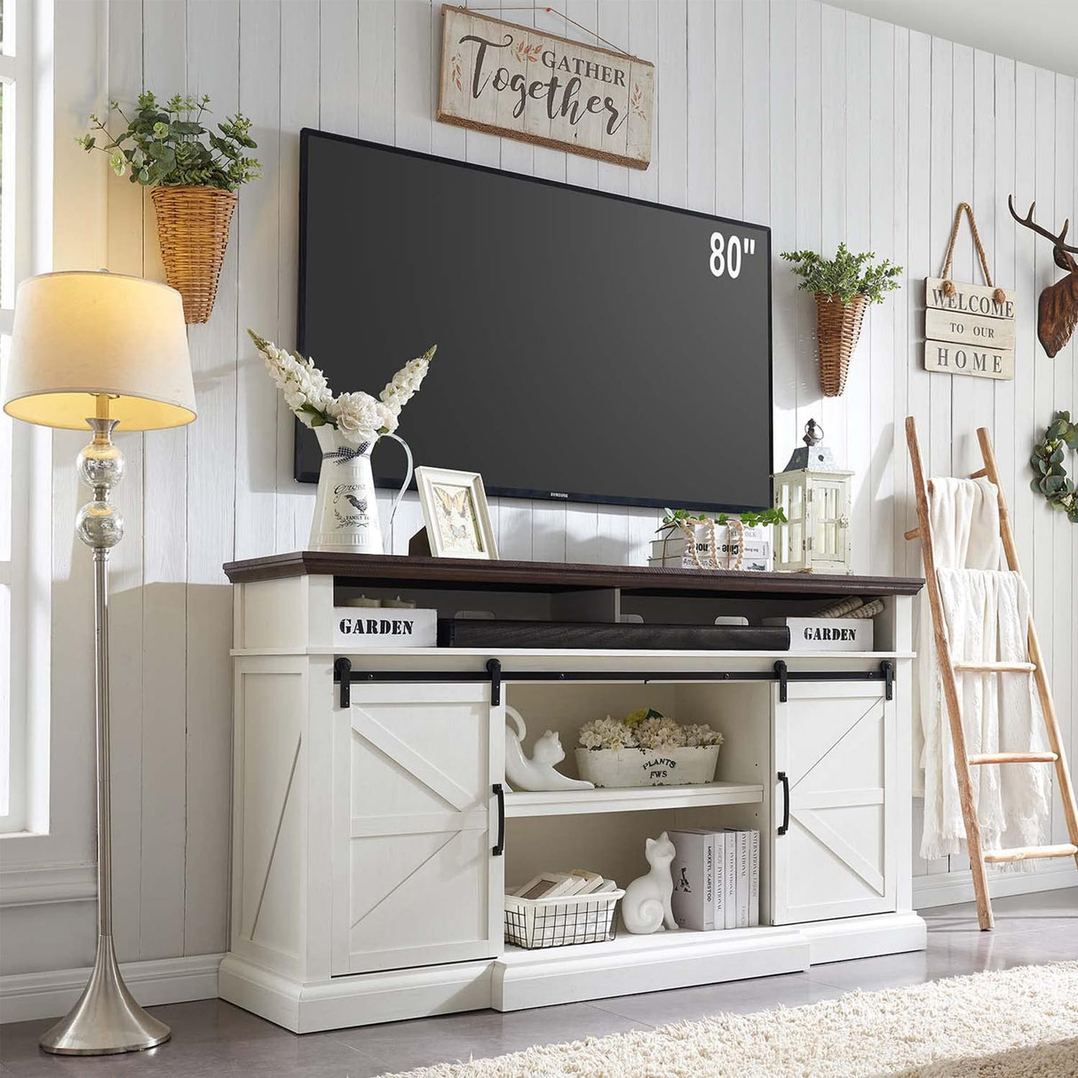 Farmhouse TV Stand for 80 Inch TVs, 39" Tall Entertainment Center w/Storage Cabinets