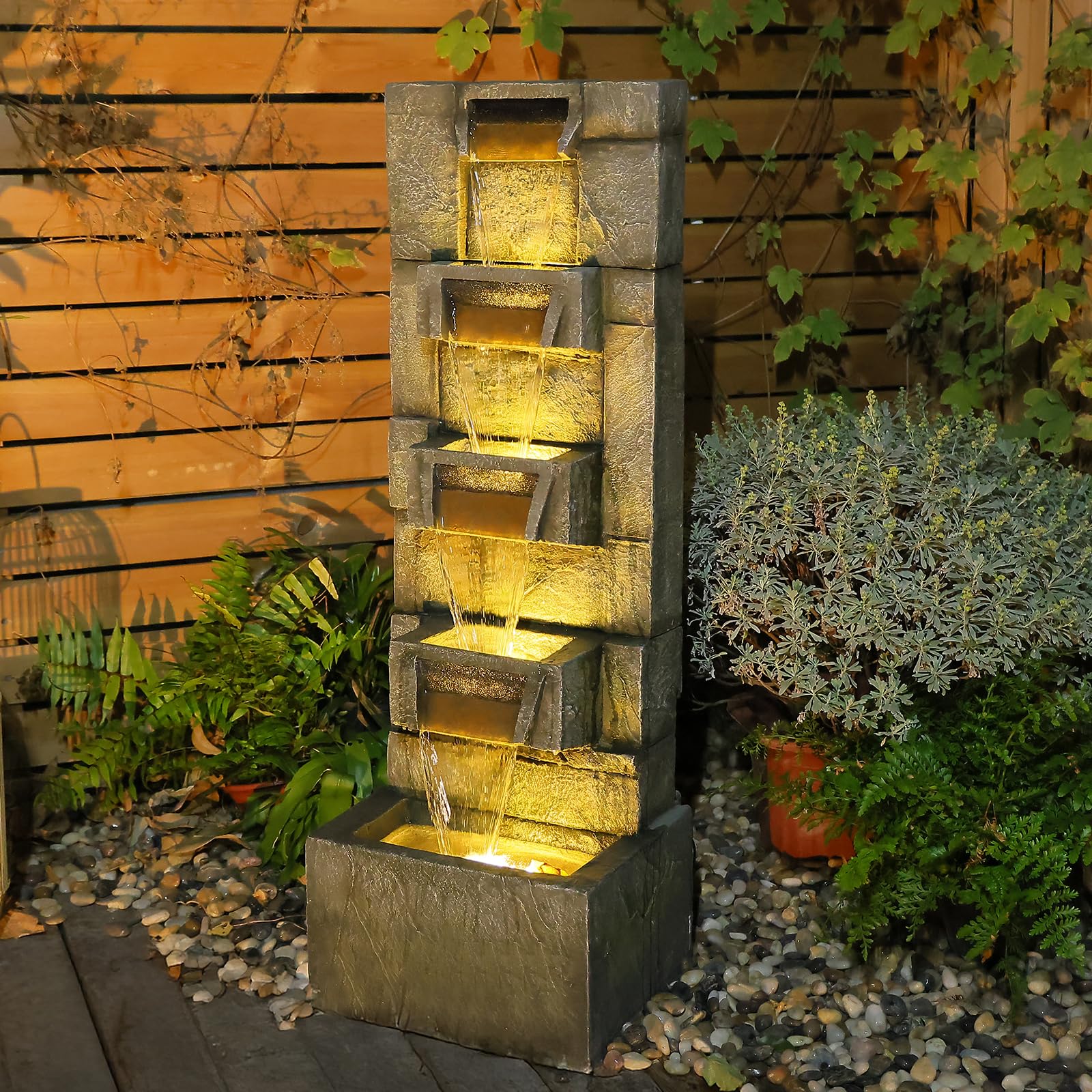 Water Fountain Outdoor Garden Fountains - 41.14''H Large Modern Cascading