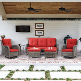 5 Piece Outdoor Patio Furniture Set Wicker Conversation Bistro Set Swivel Rocking Chairs with Side Table and Ottomans for Backyard, Porch, Deck(Mixed Grey/Orange)