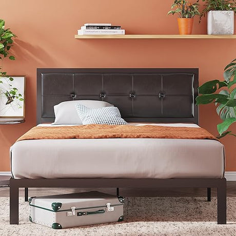 Cherie Faux Leather Classic Platform Bed Frame with Steel Support Slats, Queen