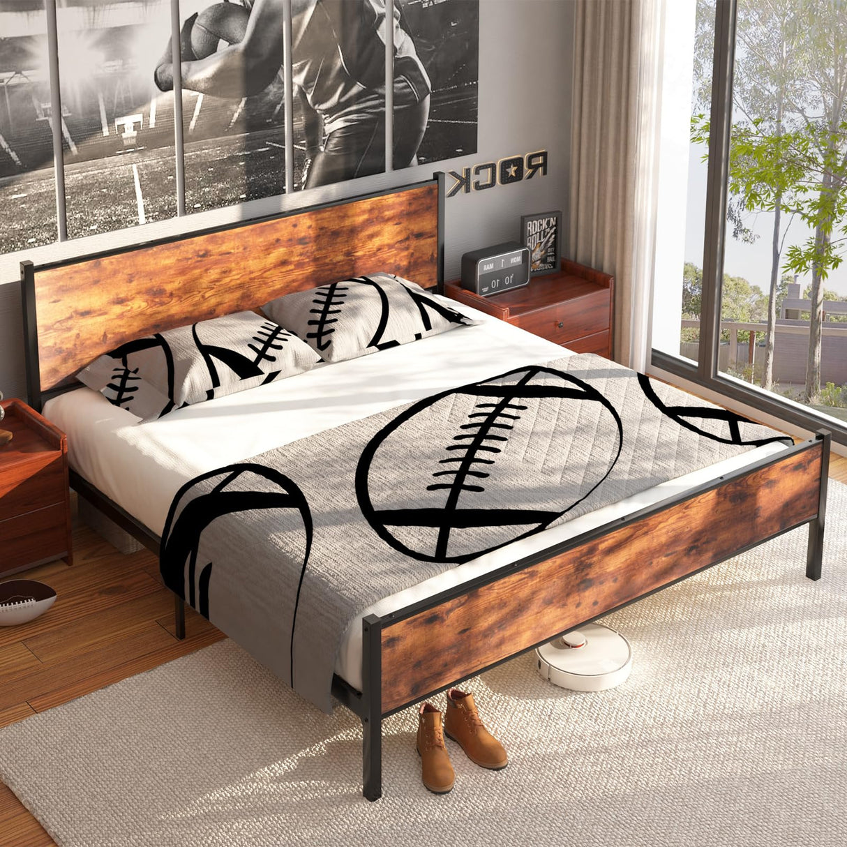 Queen Size Platform Bed Frame with Wooden Headboard and Footboard, Large Under Bed