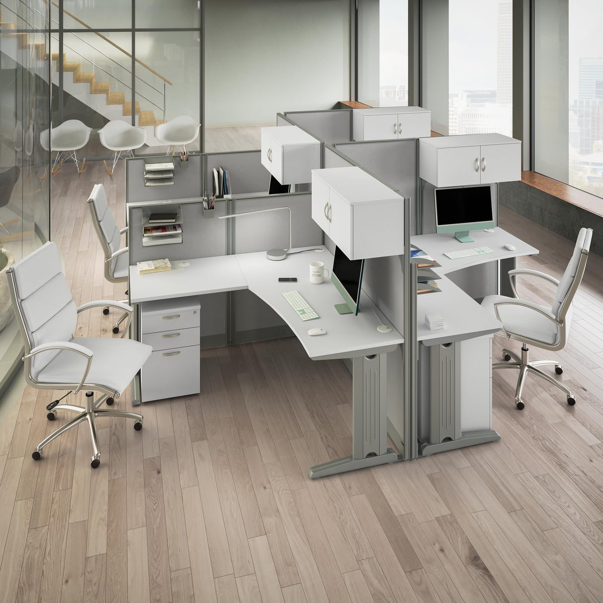 Office in an Hour L Shaped Cubicle Desk with Storage, Drawers