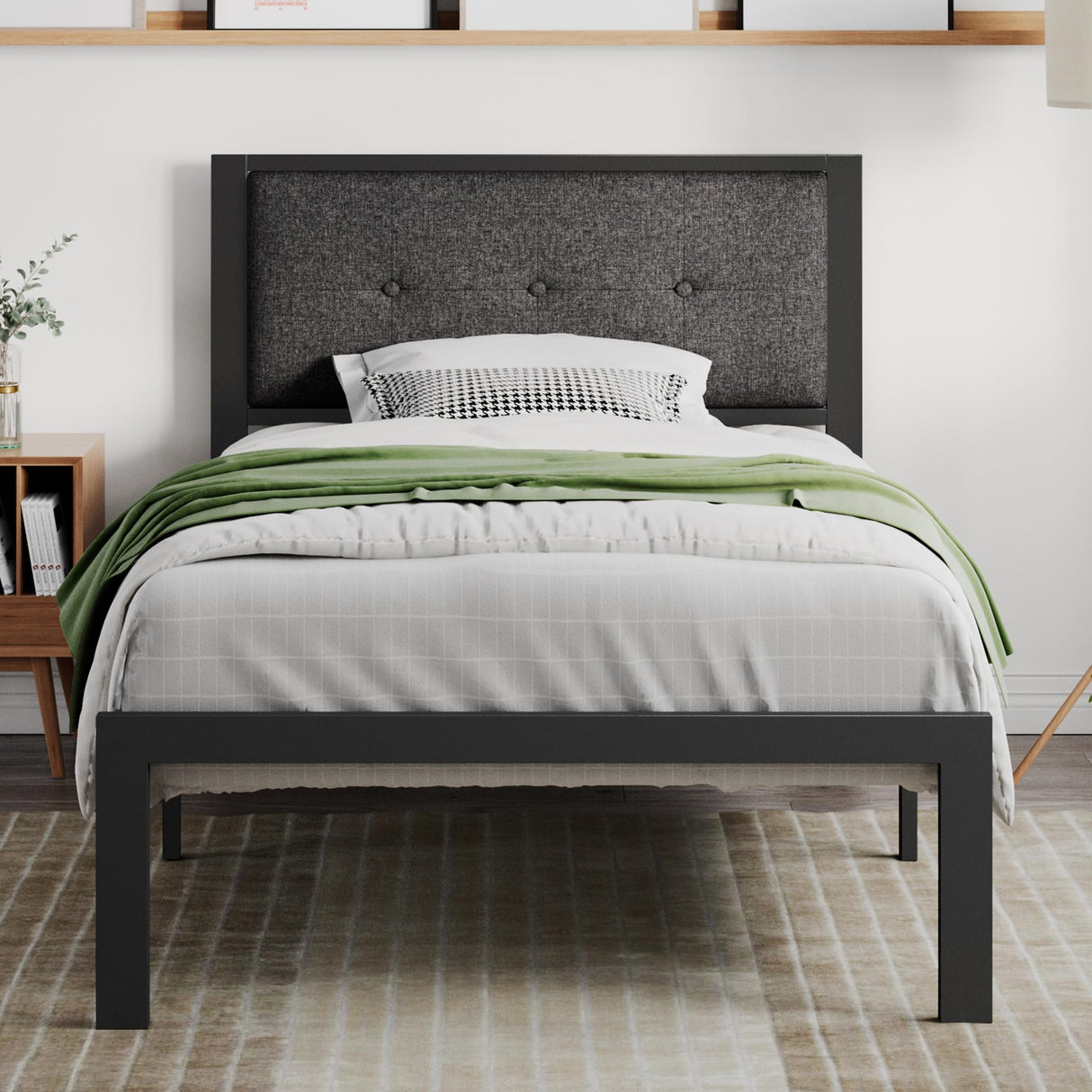 Twin Size Bed Frame with Upholstered Headboard, Platform Bed Frame with Metal Slats,