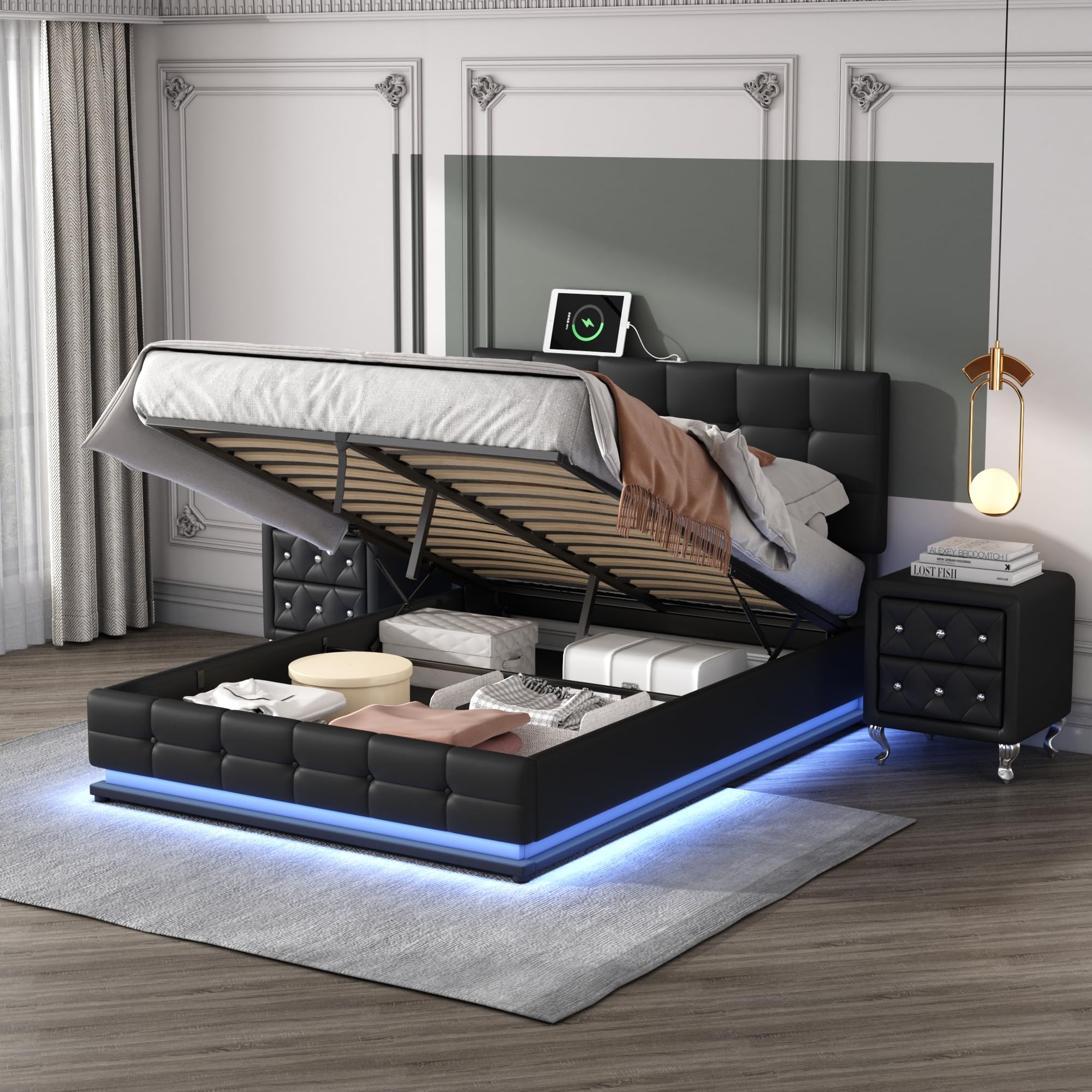 Modern Queen Bed with 2 Nightstands, Black, Platform Bed, LED Lights, Lift-up Storage