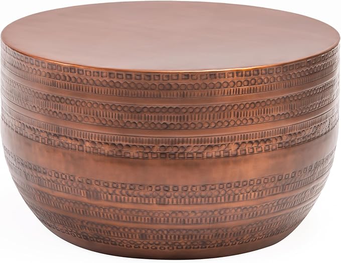 Modern Round Aluminum Hammered Embossed Texturing Metal Drum Coffee Table