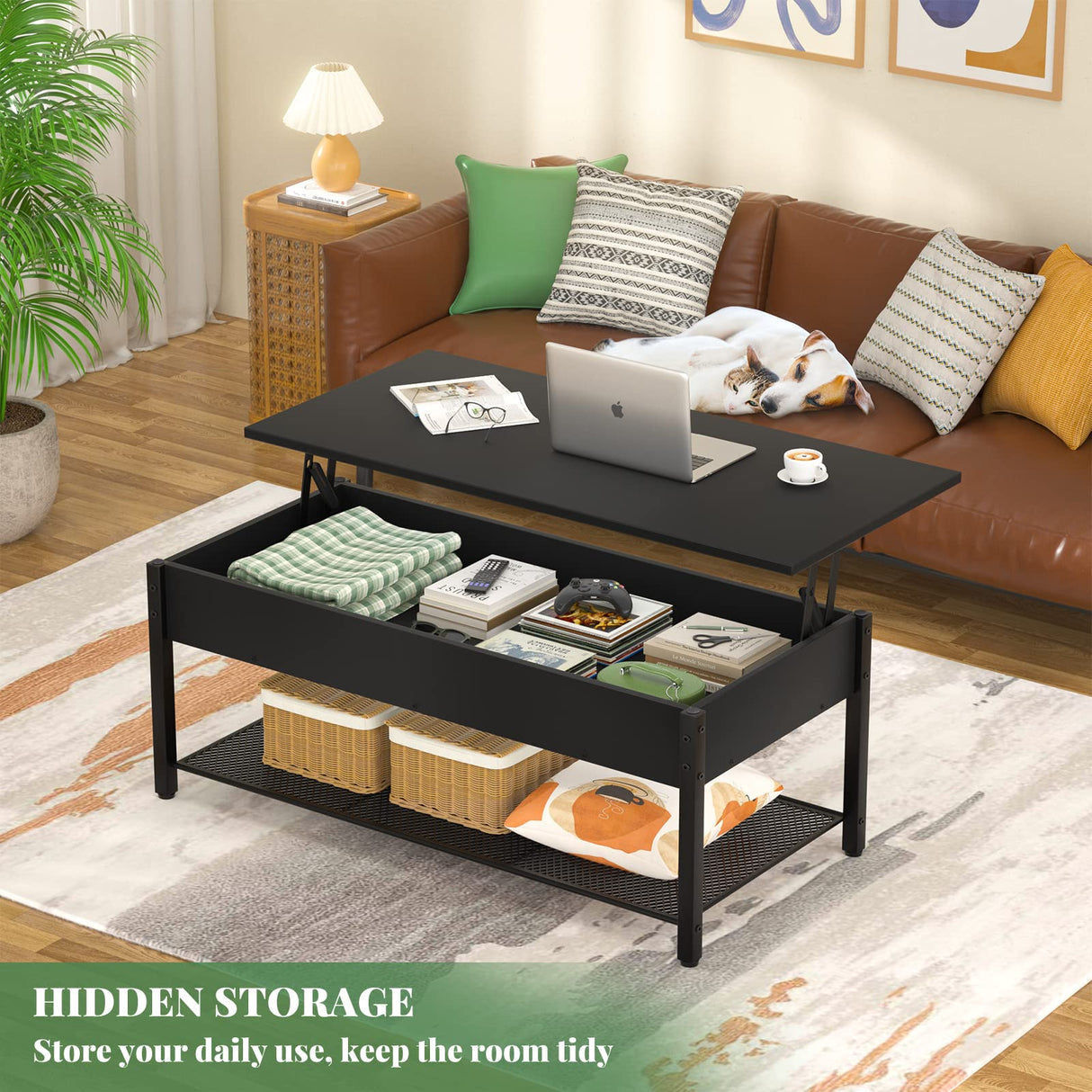 Coffee Table, Lift Top Coffee Table with Storage Shelf and Hidden Compartment