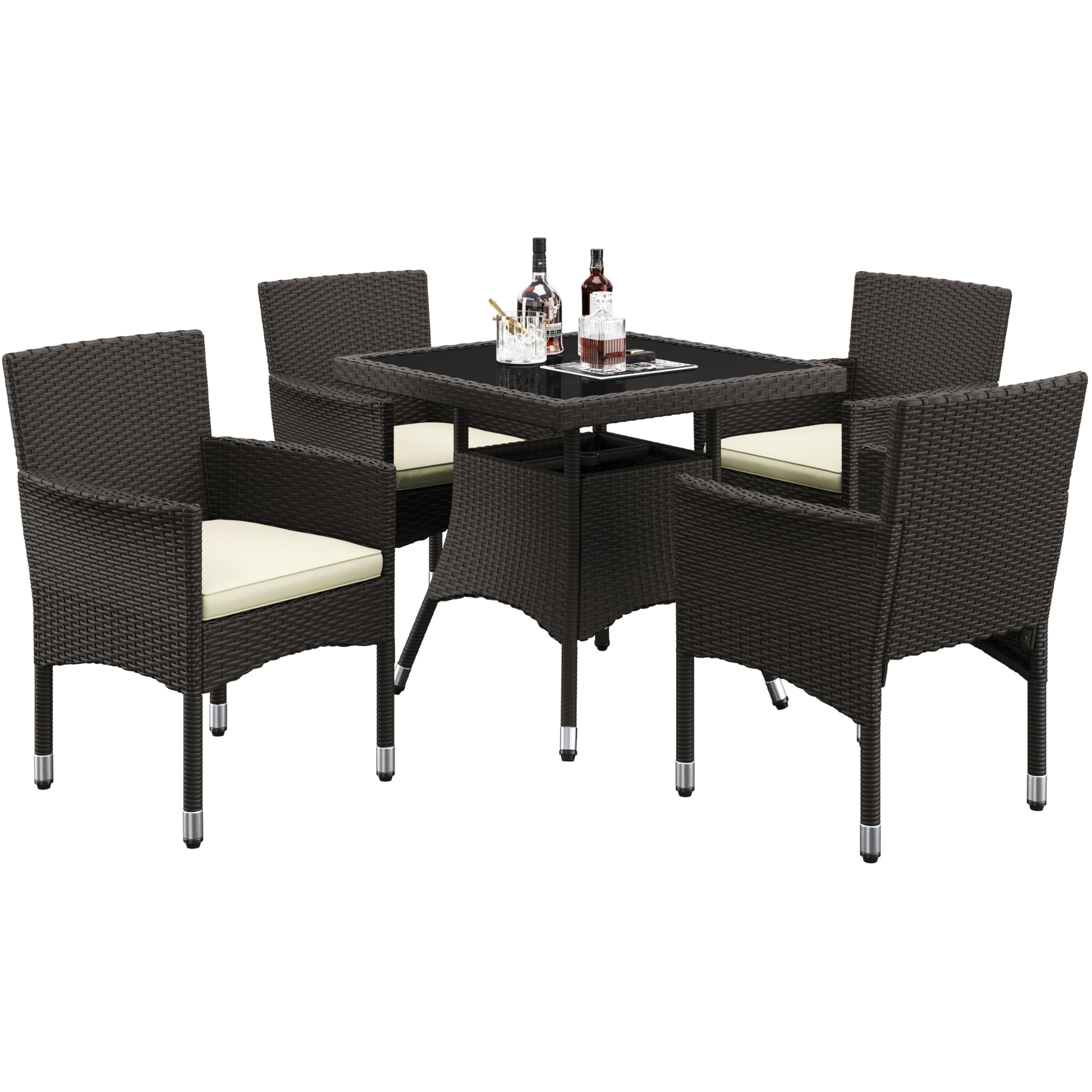 5-Piece Patio Furniture Set, Outdoor Rattan 4 Dining Chairs & Tempered Glass Table