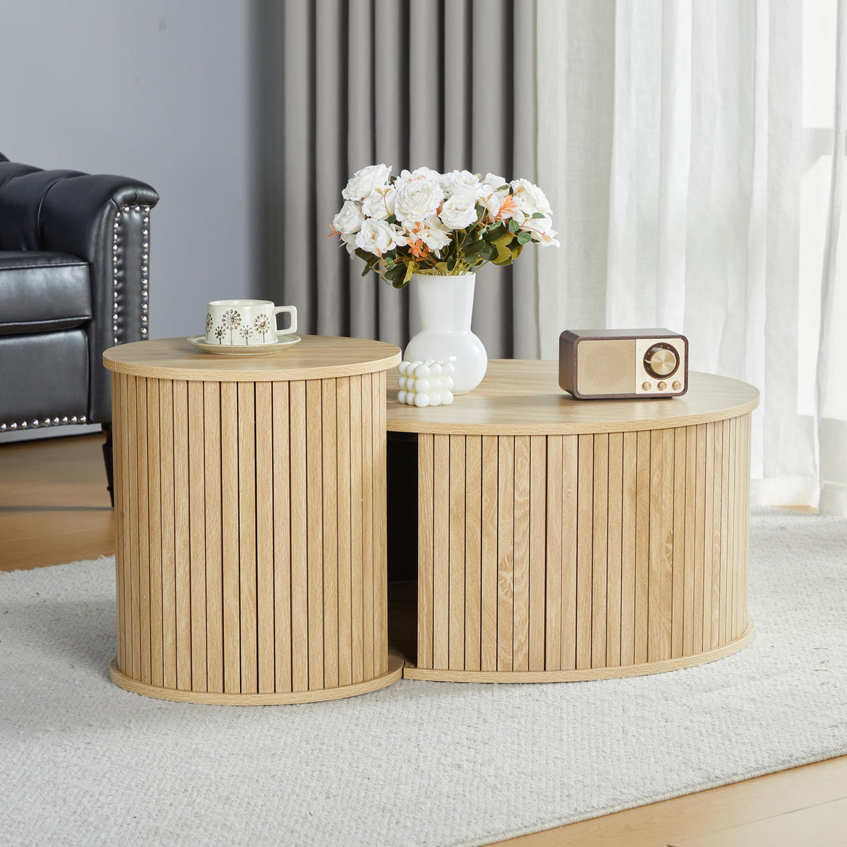 Coffee Table,Nesting Coffee Table Set of 2, Circle Side Table, Round Wooden Coffee Table