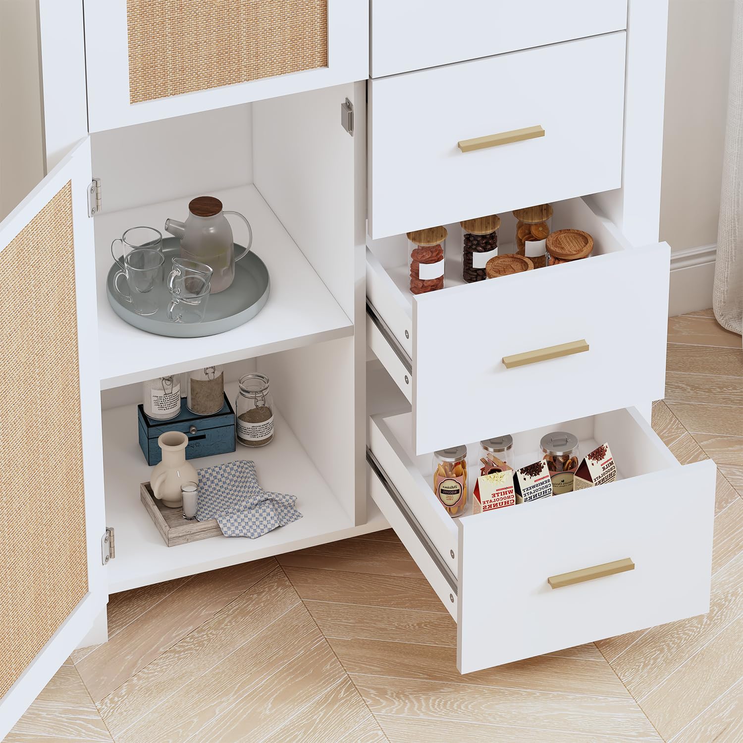 Rattan Storage Cabinet, Farmhouse Sideboard Buffet Cabinet with Door and 5 Drawers