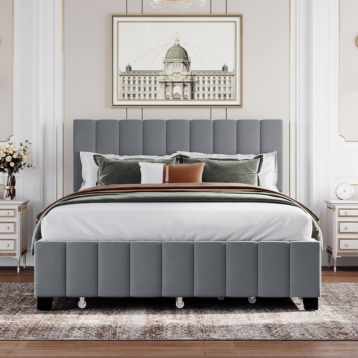 Wood Bed Frame, Queen Size Velvet Upholstered Platform Bed with 2 Drawers